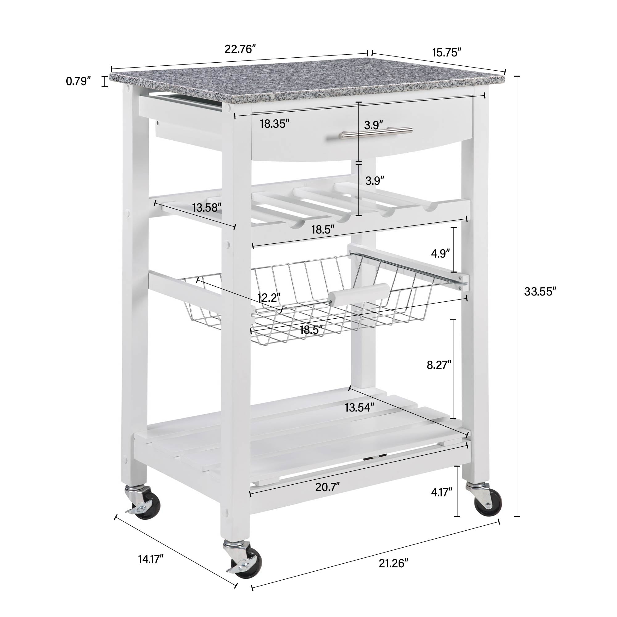 Mobile Rolling Kitchen Island Trolley Serving Cart With Underneath Drawer & Slide-Out Wire Storage Basket_voghion.com